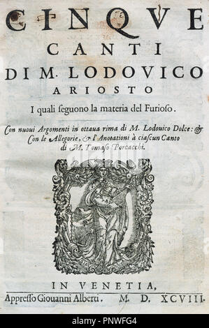 Ludovico Ariosto (1474-1533). Poète italien. Cinq chants. Couverture du titre. Venise, 1598. Banque D'Images