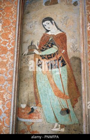 Art islamique fresque représentant une femme. Dynastie Timouride. 15e et 16e siècles. Le Palais de Ali Qapu. Portique de réception. Isfahan. République islamique d'Iran. Banque D'Images