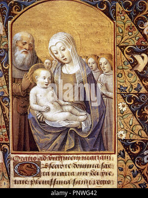 La Vierge Marie avec l'Enfant Jésus, Saint Joseph et les anges. Miniature. Livre d'heures. Vie de la Vierge. 15e siècle. Bibliothèque Apostolique du Vatican. La cité du Vatican. Banque D'Images