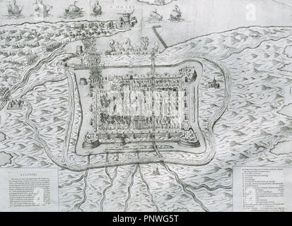 Capture de Calais à partir de l'anglais en 1558 par François de Lorraine, Duc de Guise (janvier 1558), qui avaient été sous domination anglaise pendant deux siècles. Les troupes britanniques occupaient Calais à partir d'août 1347 pendant la Guerre de Cent Ans. La gravure du xvie siècle. Banque D'Images