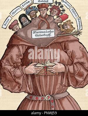 Réforme protestante. 16e siècle. L'Allemagne. Satire contre Martin Luther (1483-1546). Gravure en couleur. Banque D'Images