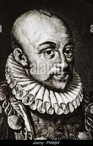 Michel de Montaigne (1533-1592). Philosophe de la Renaissance française. Portrait. La gravure. Banque D'Images