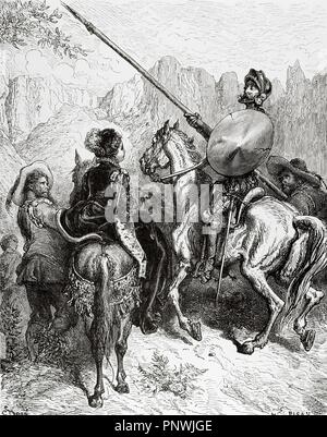 Don Quichotte de Miguel de Cervantes. Don Quichotte, Sancho et la princesse Dorotea. Gravure de Gustave Dore (I, 29). 19e siècle. Banque D'Images