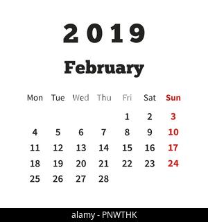 Simple calendrier sur l'année 2019 février semaine à partir de lundi on white Illustration de Vecteur
