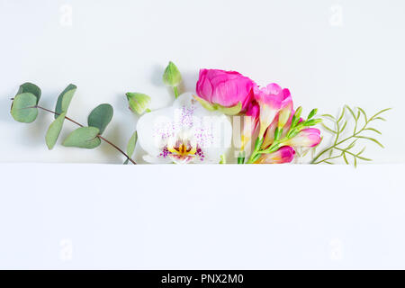 Mise en page pour les cartes, fleurs de mariage, posters, enregistrez la date ou le message d'accueil design. Cadre fait d'eucalyptus feuilles et fleurs sur fond blanc backgroun Banque D'Images