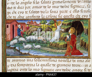 Annonce de l'ange à Joachim. Le Codex de Predis (1476). Bibliothèque royale. Turin. L'Italie. Banque D'Images