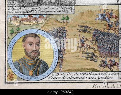 Pedro de Alvarado y Contreras (ca. 1485 ou ca. 1495-1541). Conquistador espagnol et gouverneur du Guatemala. Utatlan bataille, 1524. La gravure du 18ème siècle. De couleur. Banque D'Images