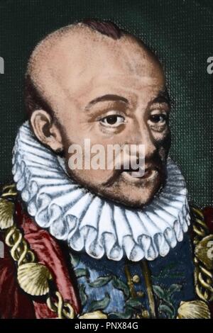 Michel Eyquem de Montaigne (1533-1592). Auteur de la Renaissance française. Portrait. Gravure en couleur. Banque D'Images