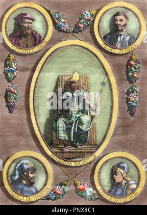 Conquérants et conquis. Moctezuma II (1467-1520), Hernan Cortes (1485-1547), Pedro de Alvarado (1485-1541), Gonzalo de Sandoval (1497-1527) et Cristobal de Olid (1488-1524). Gravure en couleur. 19e siècle. Banque D'Images