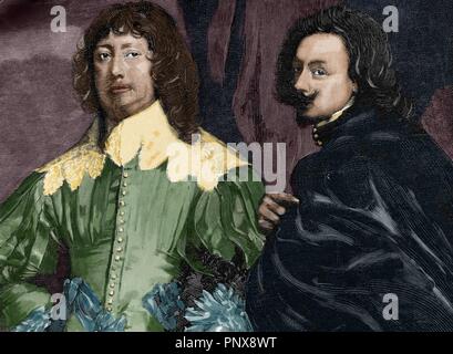 Peintre flamand Anthony Van Dyck (1599-1641) et homme politique anglais Lord John Digby (1580-1653), 1 Comte de Bristol. Gravure d'après une peinture de Van Dyck. L'illustration espagnole et américaine, 1884. Gravure en couleur. Banque D'Images