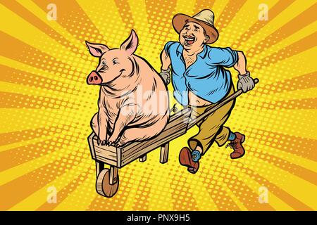 Un agriculteur transporte un cochon sur une brouette en bois Illustration de Vecteur