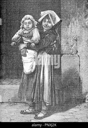 Petite fille de famille pauvre tenant dans ses bras sa petite sœur dans la rue, gravure d'époque Banque D'Images