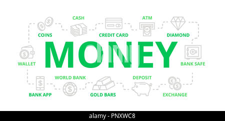 L'argent et la banque ligne mince bannière pour concept design. L'illustration pour des présentations sur fond blanc Banque D'Images