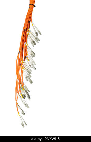 Tas de câbles à fibres optiques et connecteurs, isolé sur fond blanc. La technologie de transmission de données, il Banque D'Images