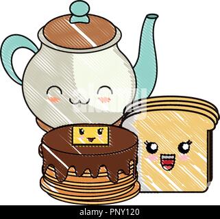 Kawaii crêpes avec tranche de pain et du thé pot sur fond blanc, vector illustration Illustration de Vecteur