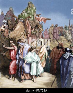 Joseph (fils de Jacob et Rachel) est vendu en esclavage en Egypte par ses frères. Gravure de Gustave Dore . 19e siècle. De couleur. Banque D'Images
