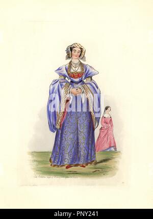 Costume féminin sous le règne de Henri VIII après Holbein. Elle porte une robe longue avec de grandes manches plein plus de chaussures rouges. Gravure coloriée de 'costume civil d'Angleterre depuis la conquête de l'actuelle période' dessiné par Charles Martin et gravées par Léopold Martin, Londres, Henry Bohn, 1842. Les costumes ont été tirées d'effigies monumentales, tapisseries, enluminures et de portraits. Charles Leopold et Martin étaient les fils de l'artiste romantique et graveur gravure à John Martin (1789-1854). Banque D'Images