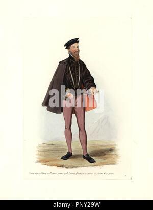 Costume masculin du règne de Henry VIII, à partir d'un portrait de Sir Thomas Gresham par Holbein dans Mercer Hall, Londres. Il porte une veste en chute, cape, ruff collar, un chapeau, un pantalon et des chaussures à bout carré. Gravure coloriée de 'costume civil d'Angleterre depuis la conquête de l'actuelle période' dessiné par Charles Martin et gravées par Léopold Martin, Londres, Henry Bohn, 1842. Les costumes ont été tirées d'effigies monumentales, tapisseries, enluminures et de portraits. Charles Leopold et Martin étaient les fils de l'artiste romantique et graveur gravure à John Martin (1789-1854). Banque D'Images