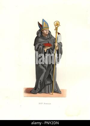 Abbé bénédictin, 16e siècle, en robe noire, portant une bible et crook, portant une mitre brodée.. Coloriée illustration par E. Lechevallier-Chevignard, lithographiée par A. Didier, L. Flameng, F. Laguillermie, de Georges Duplessis's 'Costumes historiques des XVIe, XVIIe et XVIIIe siecles" (costumes historiques des xvie, xviie et xviiie siècles), Paris 1867. Le livre a été une continuation de la série sur les costumes de la 12e à la 15e siècles publié par Camille Bonnard et Paul Mercuri à partir de 1830. Georges Duplessis (1834-1899) a été conservateur de la ministère imprime à la Bibliot Banque D'Images