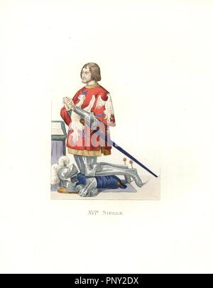 Gaspard de Coligny (1519-1572), Seigneur de Chatillon, marechal de France, aristocrate français et l'amiral. Il porte un tabard écarlate orné de son blason (un aigle blazoned) sur une armure ; son casque et gants reposent sur le sol.. Coloriée illustration par E. Lechevallier-Chevignard, lithographiée par A. Didier, L. Flameng, F. Laguillermie, de Georges Duplessis's 'Costumes historiques des XVIe, XVIIe et XVIIIe siecles" (costumes historiques des xvie, xviie et xviiie siècles), Paris 1867. Le livre a été une continuation de la série sur les costumes de la 12e à la 15e siècles p Banque D'Images