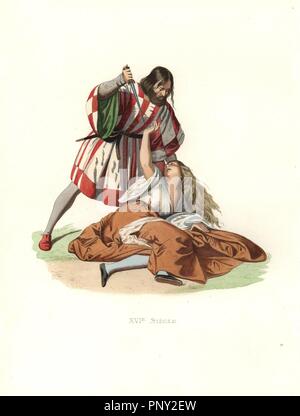 Homme tue sa femme vénitienne, 16ème siècle, à partir d'une fresque de Titien. L'homme porte une tunique rouge et blanc à rayures avec doublure verte, la victime un chemisier blanc et marron jupe.. Coloriée illustration par E. Lechevallier-Chevignard, lithographiée par A. Didier, L. Flameng, F. Laguillermie, de Georges Duplessis's 'Costumes historiques des XVIe, XVIIe et XVIIIe siecles" (costumes historiques des xvie, xviie et xviiie siècles), Paris 1867. Le livre a été une continuation de la série sur les costumes de la 12e à la 15e siècles publié par Camille Bonnard et Paul Mercuri à partir de 1830. Georges Banque D'Images