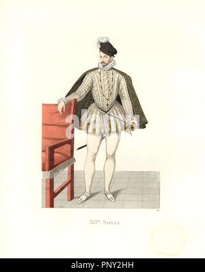 Le roi Charles IX de France (1550-1574) En bref, chapeau à plumes, d'or et blanc outfit plus bas blancs. . Coloriée illustration par E. Lechevallier-Chevignard, lithographiée par A. J. Lallemand, de Georges Duplessis's 'Costumes historiques des XVIe, XVIIe et XVIIIe siecles" (costumes historiques des xvie, xviie et xviiie siècles), Paris 1867. Le livre a été une continuation de la série sur les costumes de la 12e à la 15e siècles publié par Camille Bonnard et Paul Mercuri à partir de 1830. Georges Duplessis (1834-1899) a été conservateur de la ministère imprime à la Bibliothèque nationale. Edm Banque D'Images