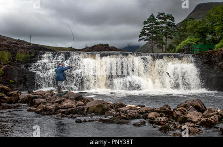 Ashleigh Falls, Mayo, Irlande. Le 06 août 2006. Un pêcheur pour une maison de vacances de pêche jette son ligne tout un saumon tente de franchir les chutes sur son chemin Banque D'Images