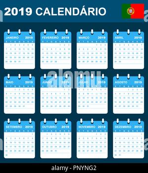 Calendrier portugais pour 2019. Planificateur, ou de l'ordre du modèle de journal. Semaine commence le lundi Illustration de Vecteur