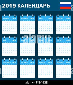 Calendrier russe pour 2019. Planificateur, ou de l'ordre du modèle de journal. Semaine commence le lundi Illustration de Vecteur