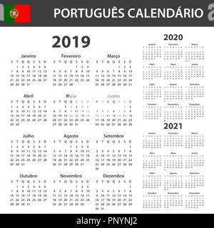 Calendrier portugais pour 2019, 2020 et 2021. Planificateur, ou de l'ordre du modèle de journal. Semaine commence le lundi Illustration de Vecteur