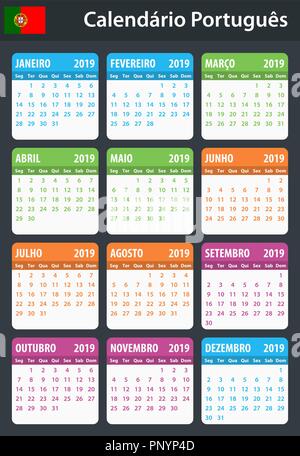 Calendrier portugais pour 2019. Planificateur, ou de l'ordre du modèle de journal. Semaine commence le lundi Illustration de Vecteur