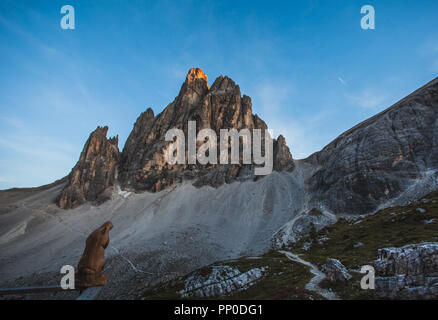 Sculpture en bois représentant un marmot devant le dernier rayon de soleil qui illumine l'extrémité d'un magnifique pic dolomitique, Tyrol du Sud, Italie Banque D'Images