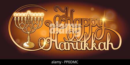 Vector Happy Hanukkah lettrage à la main. L'affiche de la fête, modèle de carte de vœux avec Menorah. Illustration de Vecteur