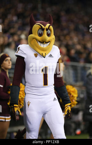 Seattle, WA, USA. 22 Sep, 2018. La mascotte de l'état de l'Arizona Sun Devil Sparky le lors d'un match entre l'Arizona State Sun Devils et Washington Huskies au Husky Stadium à Seattle, WA. Sean Brown/CSM/Alamy Live News Crédit : Cal Sport Media/Alamy Live News Banque D'Images