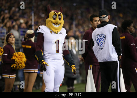 Seattle, WA, USA. 22 Sep, 2018. La mascotte de l'état de l'Arizona Sun Devil Sparky le lors d'un match entre l'Arizona State Sun Devils et Washington Huskies au Husky Stadium à Seattle, WA. Sean Brown/CSM/Alamy Live News Crédit : Cal Sport Media/Alamy Live News Banque D'Images