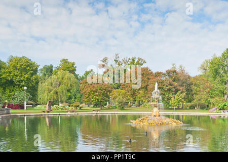 Une fontaine dans un étang à St Louis Tower Grove park avec golden-pluie arbres avec des gousses brun en arrière-plan sur une journée d'automne. Banque D'Images