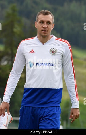 Neustift, Tyrol, Autriche - le 22 mai 2018. Joueur de football russe Artem Dzyuba au cours de camp d'entraînement à Neustift im Stubaital, Autriche. Banque D'Images