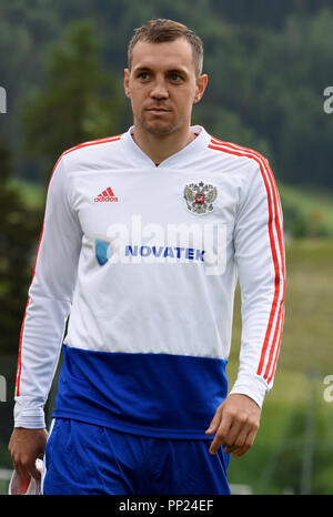 Neustift, Tyrol, Autriche - le 22 mai 2018. Joueur de football russe Artem Dzyuba au cours de camp d'entraînement à Neustift im Stubaital, Autriche. Banque D'Images