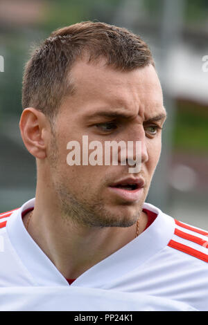 Neustift, Tyrol, Autriche - le 22 mai 2018. Joueur de football russe Artem Dzyuba au cours de camp d'entraînement à Neustift im Stubaital, Autriche. Banque D'Images