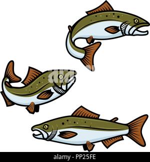 Jeu de poisson Saumon coloré signe sur fond blanc. Pêche à la truite. L'élément de conception de logo, étiquette, emblème, signe. Vector illustration Illustration de Vecteur