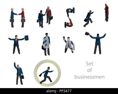 Ensemble d'hommes d'affaires. Une variété de poses. Poignée de main et la réussite de l'entreprise. 3D. Isolées. Vector illustration. Illustration de Vecteur