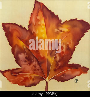 Photographie de peinture sur soie de l'automne coloré simple feuille d'érable à l'aide de colorants fixes vapeur par Paula Chapman Banque D'Images