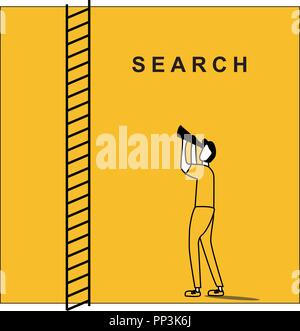 Avec l'homme à la recherche de jumelles idée avec un escabeau à côté de lui, avec une infinie variété. Beaucoup de gens faisant de l'activité différents pour un processus d'entreprise Illustration de Vecteur