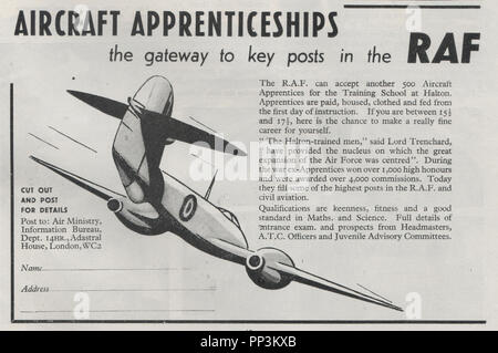 Vintage Royal Air Force publicité de recrutement pour les aéronefs d'apprentissage publié dans la Gazette de la Réserve aérienne de janvier 1947. Montrant un Gloster Meteor RAF un jet de combat de l'époque. Banque D'Images