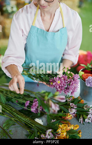 Jeune femme Organisation de chrysanthèmes Banque D'Images