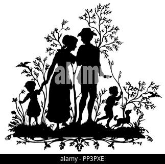 Silhouette, silhouettes : famille sur marche, père, mère, fille, fils, 1897 Banque D'Images