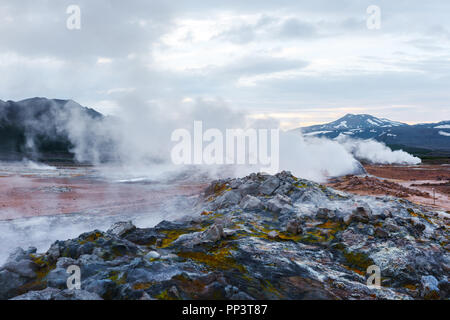 Fumeurs fumerolles sur Hverarond Valley, au nord de l'Islande, de l'Europe. Photographie de paysage Banque D'Images