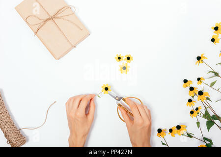 Télévision Floral composition laïcs femme faisant cadeau fait main et du bouquet. Vue de dessus les mains coupées fleurs jaune vif avec des ciseaux d'or près de l'enveloppé Banque D'Images