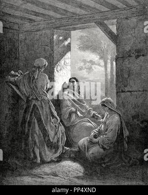 Nouveau Testament. Evangile de Luc, Chapitre X. Jésus dans la maison de Marthe et Marie. Le dessin de Gustave Dore. Gravure par Pannemaker. Banque D'Images