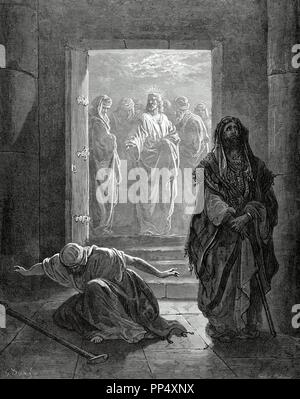 Nouveau Testament. Évangile selon saint Luc. Chapitre XVIII. Parabole du pharisien et du publicain. Le dessin de Gustave Dore. Gravure du xixe siècle. Banque D'Images